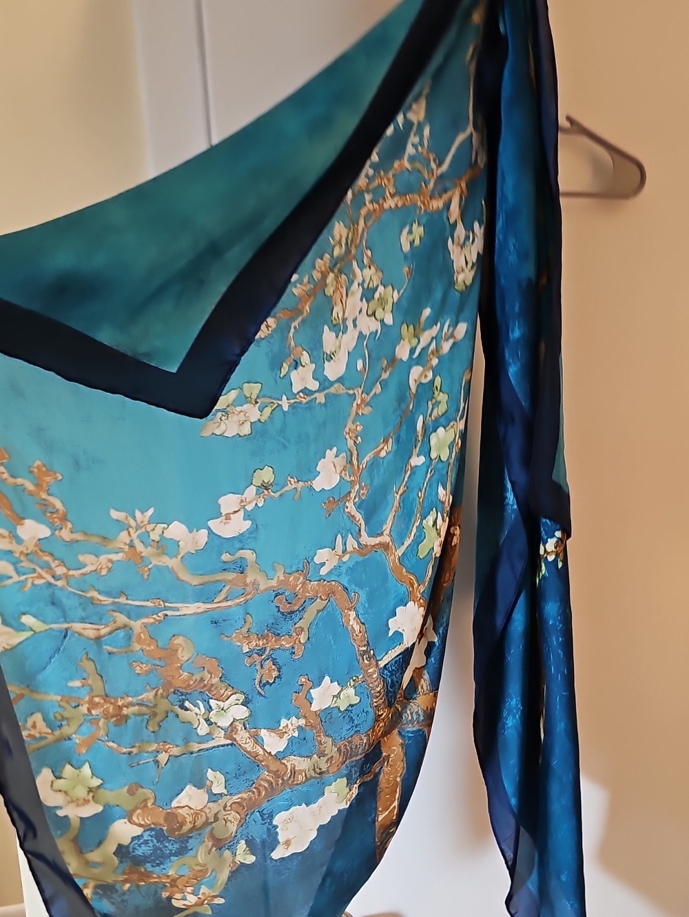 Teal Floral Silk Scarf with Navy Trim